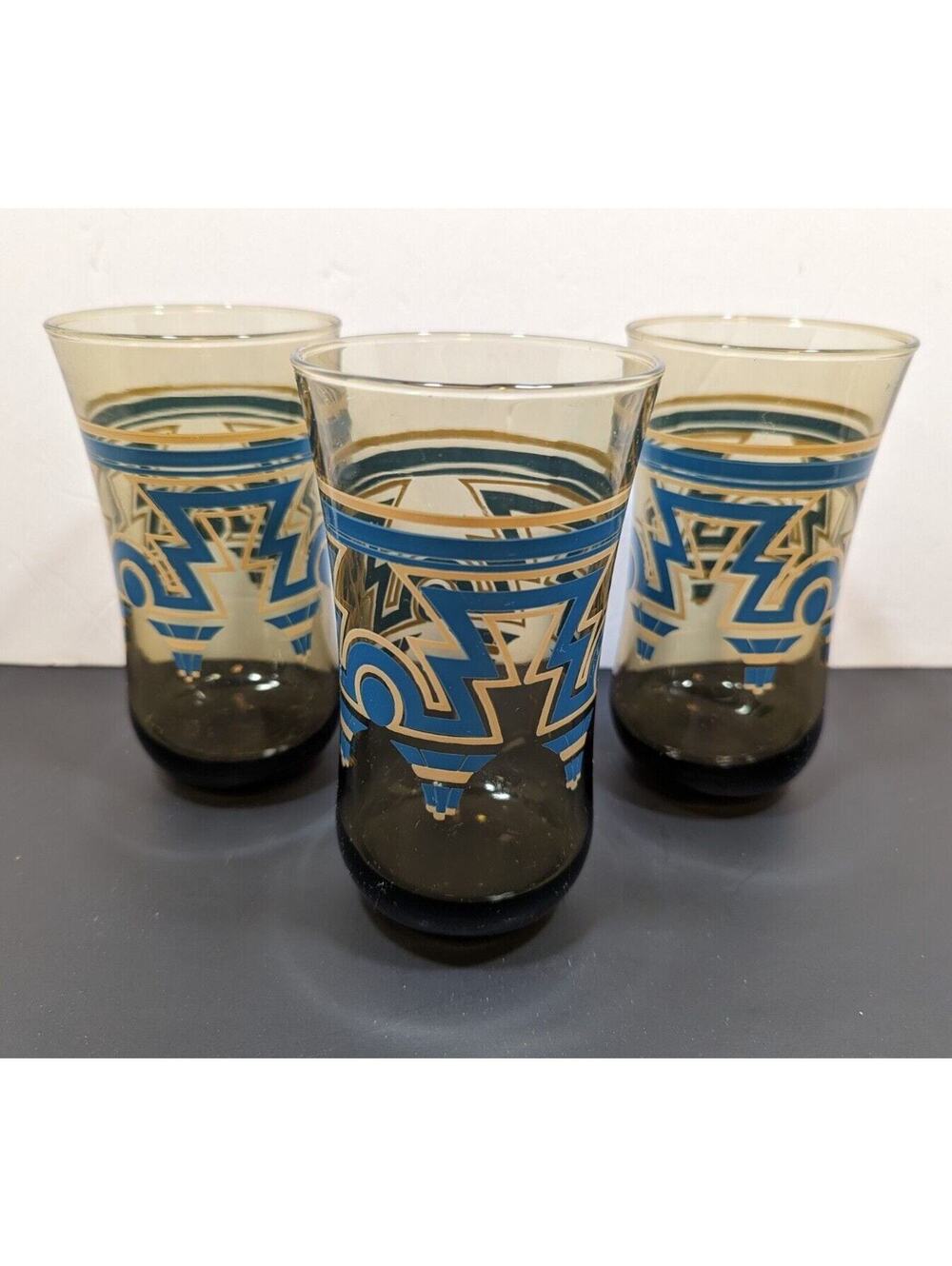 Lot 3 Vtg Anchor Hocking Smoked Glass Blue Brown Aztec Design 6" Glass Tumbler